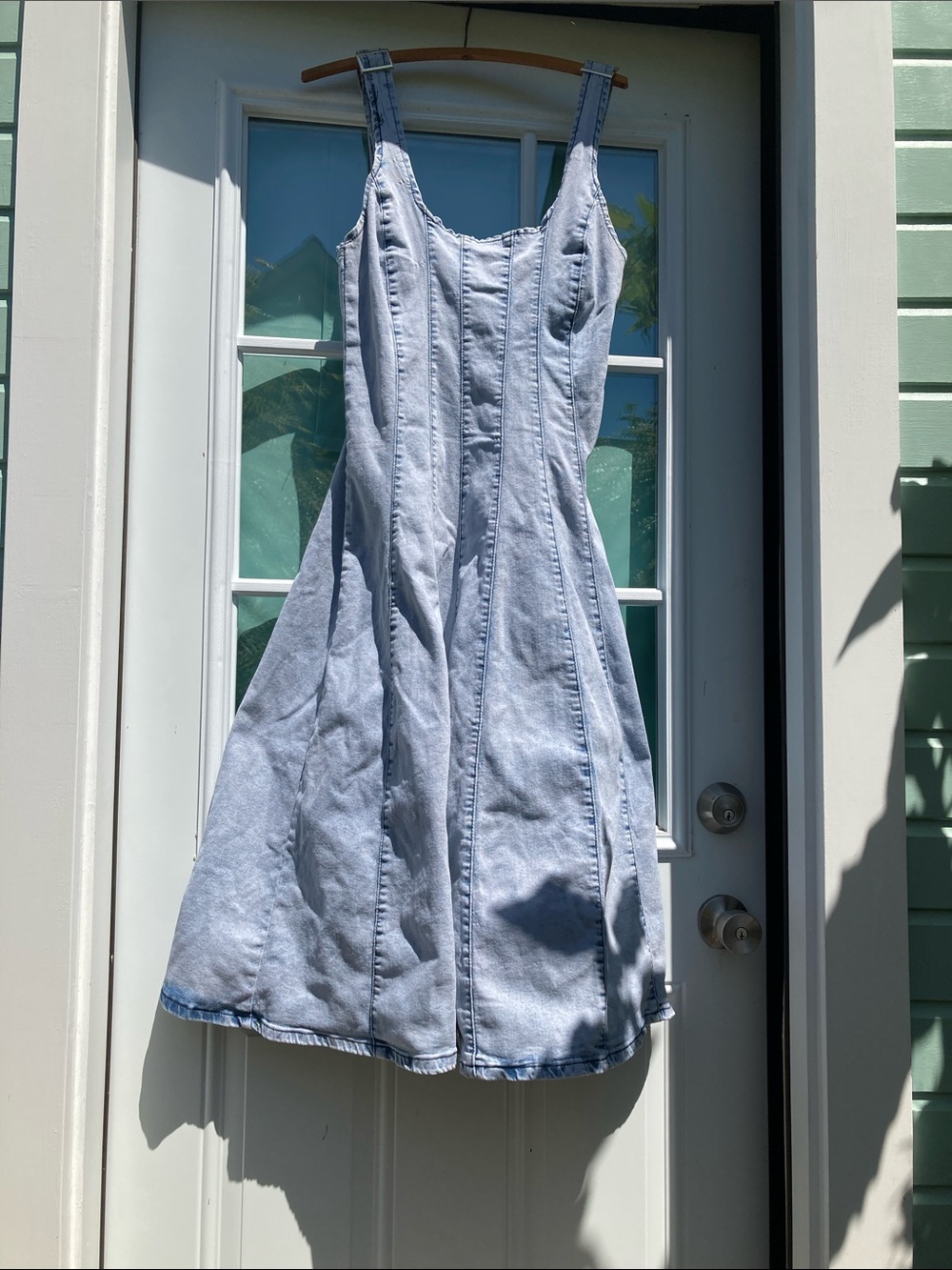 Light Blue Distressed Denim Midi Dress with Sculpted Seams